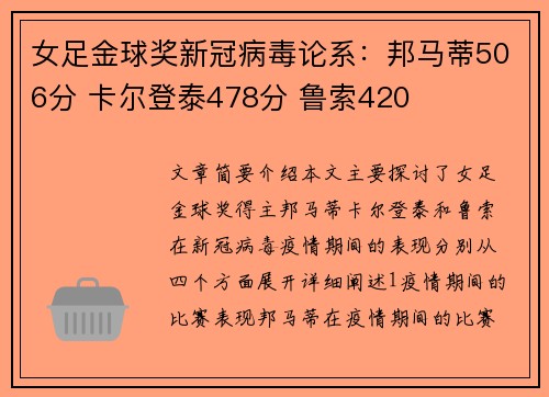 女足金球奖新冠病毒论系：邦马蒂506分 卡尔登泰478分 鲁索420